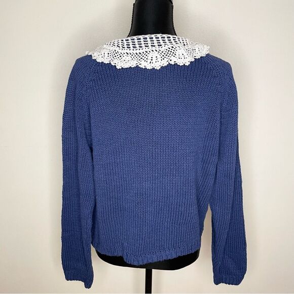 Nuggets Sweater Cable Knit Ivory Crochet Collar Cottage Coastal Blue Size Large - Picture 2 of 8